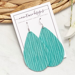 5.00 TEARDROP EARRING SALE!  Light Turquoise Textured Leather Earrings, Genuine Leather Earrings, Leather Teardrop Earrings