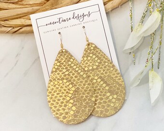 Gold Snake Genuine Leather Earrings, Gold Leather Earrings, Leather Teardrop Earrings, Metallic Leather Earrings, Real Leather Earrings