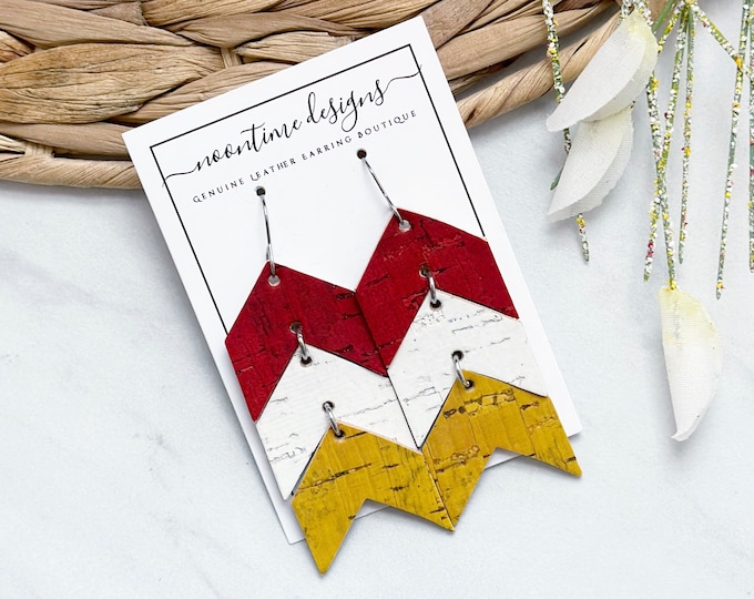 Kansas City Chiefs Leather Earrings, Chevron Chiefs Earrings, Mahomes, Kelce, Genuine Leather Earrings, Real Leather Earrings, Chevron Cork