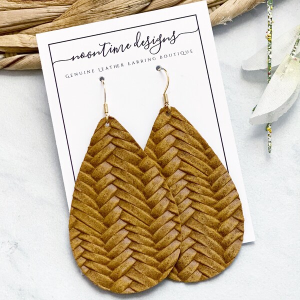 Dijon Mustard Woven Texture Leather Teardrop Earrings, Fishtail Leather Earrings, Genuine Leather Earrings, Real Leather Earrings