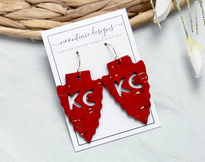 KC Red Arrowhead Cork & Genuine Leather Earrings, Kansas City Chiefs Earring, Chiefs Earring, Genuine Leather Earring, Arrowhead Earrings
