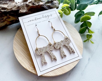 Gold Glitter Bow Genuine Leather Earrings, Arch Leather Earring, Real Leather Earring, Trendy Style, Arch, Gold Earring. Gift For Her
