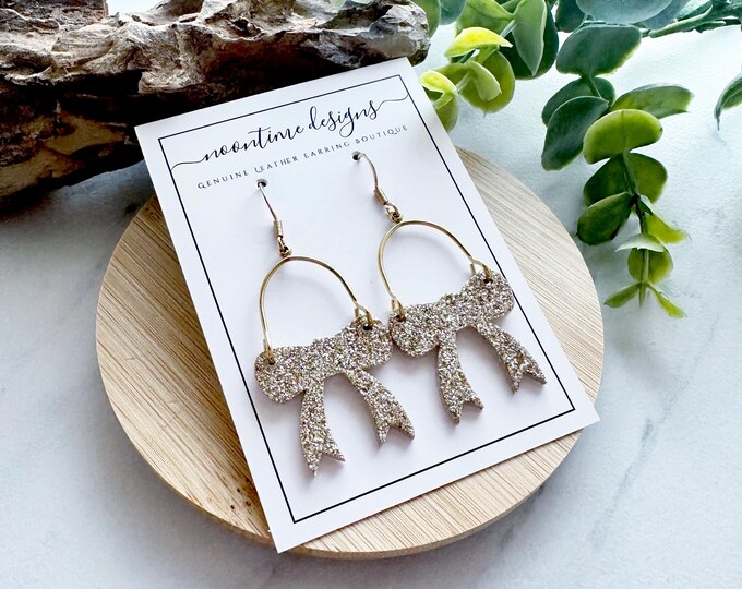 Gold Glitter Bow Genuine Leather Earrings, Arch Leather Earring, Real Leather Earring, Trendy Style, Arch, Gold Earring. Gift For Her