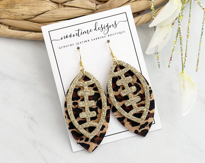 Leopard Gold Football Leather Earrings, NFL Earrings,Genuine Leather Football Earrings, Real Leather Earrings, NFL, Football Mom, Sports