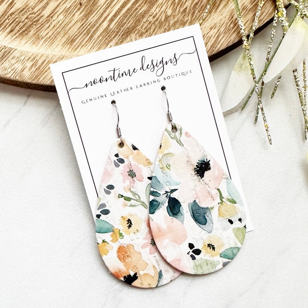 Spring Petals Floral Cork Leather Earrings, Genuine Leather Teardrops, Real Leather Earring, Floral Teardrop Earring, Spring Leather Earring