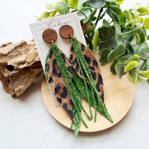 Leopard & Green Suede Fringed Feather Leather Earrings, Leather Earrings, Fringe Earrings, Long Leather Earring, Leopard Earrings