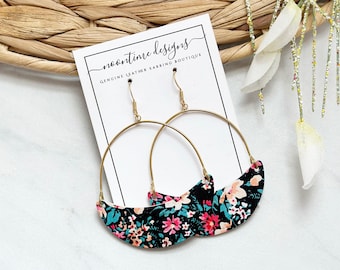 Black Floral Cork Leather Crescent Arch Hoops, Genuine Leather Earrings, Real Leather Earrings, Trendy Leather Earring, Cork Earring