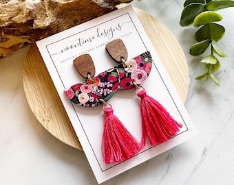 Spring Floral Cork/Leather Earrings with Tassels, Real Leather Earrings, Summer Earrings, Tassel Earrings, Handmade Earrings, Gift For Her