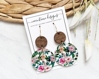 5.00 ACRYLIC EARRING SALE!  Acrylic Floral Circle & Wood Loop Earrings, Spring Flower Earrings, Summer, Floral Earrings, Gift For Her