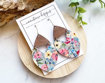 Floral Fringe Cork/Leather & Wood Earrings, Genuine Leather Earrings, Real Leather Earrings, Spring Leather Earrings, Blue Earrings, Gift