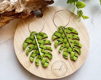 Green Woven Monstera Leaf Hoop Earrings Genuine Leather Earrings, Tropical Leather Earrings, Real Leather, Gold & Green Earrings, Summer