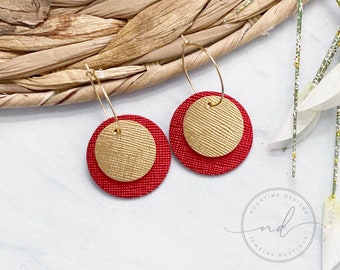 Chiefs Red & Gold Leather Circle Earrings, Genuine Leather Earring, Real Leather Earrings, Kansas City, KC Chiefs, Mahomes, Football Earring