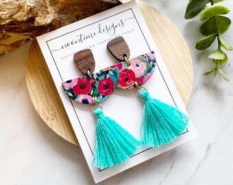 Spring Floral Cork/Leather Earrings with Tassels, Real Leather Earrings, Summer Earrings, Tassel Earrings, Handmade Earrings, Gift For Her