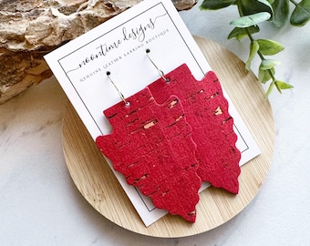 KC Chiefs Red LARGE Arrowhead Cork Leather Earrings, Genuine Leather Earrings, Real Leather Earrings, NFL Earrings, Kansas City Earrings