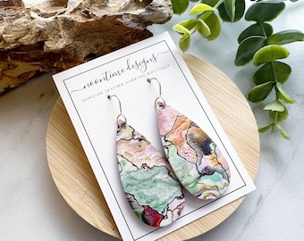 Agate Cork/Leather Skinny Teardrop Earrings, Genuine Leather Earrings, Cork Earrings, Real Leather Earring, Gift for Her