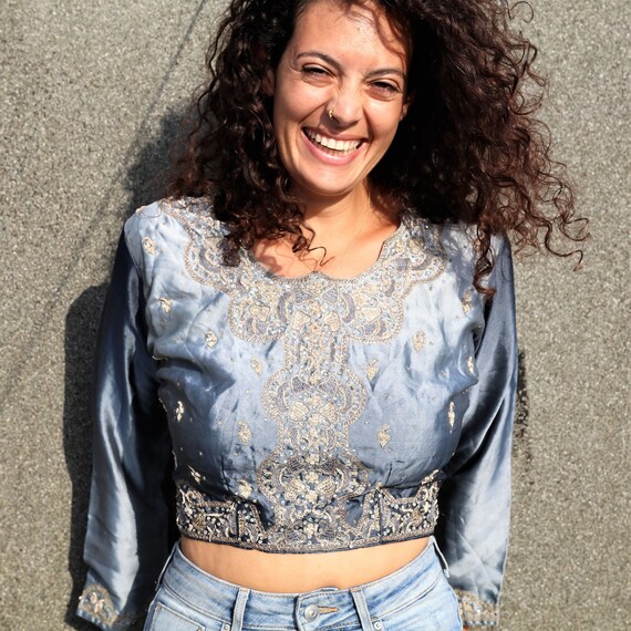 beaded crop shirt, vintage crop top, festival top,