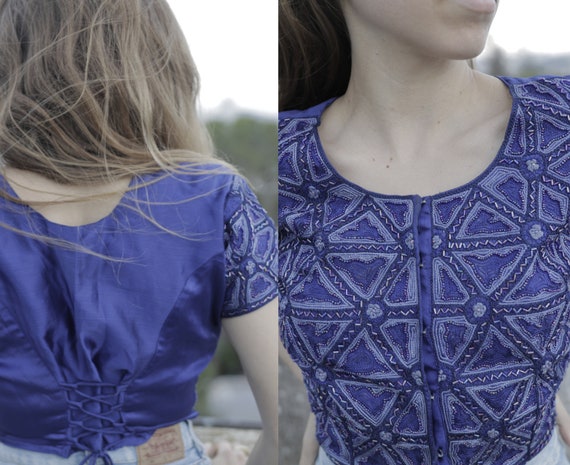 beaded crop top, vintage shirt, festival top, coac
