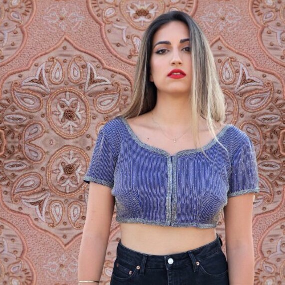 beaded crop top, vintage crop shirt, boho festival