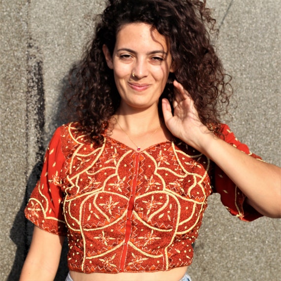 beaded festival top, vintage crop shirt, boho fest