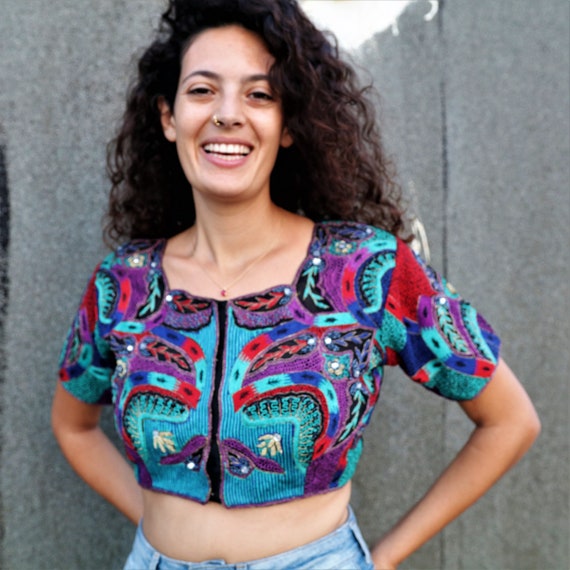 festival crop top, beaded top, vintage crop shirt,