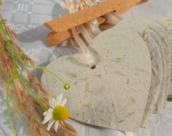 Etichette regalo fatte a mano con cuori d'erba, cuori di carta fatti a mano con semi d'erba per il matrimonio in campagna