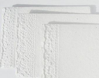 3 handmade cards, white with lace border, folding cards made of handmade paper, blank embossed