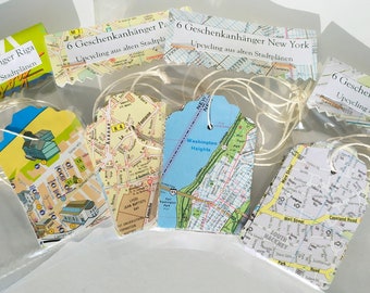 6 Geschenkanhänger New York London Paris Riga, Upcycling aus altem Stadtplan