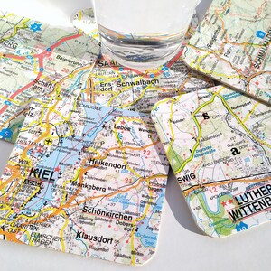 5 Untersetzer Upcycling Straßenkarte, Bierdeckel Pappe quadratisch