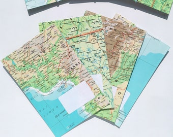 4 gift bags made from old maps, world atlas, upcycled seed bags, money envelopes