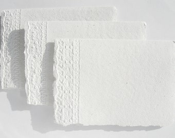 3 handmade cards, white with lace border, folding cards made of handmade paper, blank with embossed deckle edge