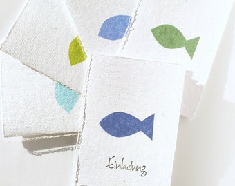 5 Einladungskarten Taufe Kommunion Konfirmation blau-grüne Fische, Kartenset Büttenpapier Kommunioneinladungen Taufeinladungen