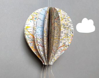 Heißluftballon aus alten Landkarten, Papier-Dekoration Montgolfiere zum Hängen