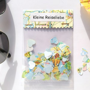 Herzkonfetti Kleine  Reiseliebe, Geschenktüte mit Streudeko aus alten Landkarten