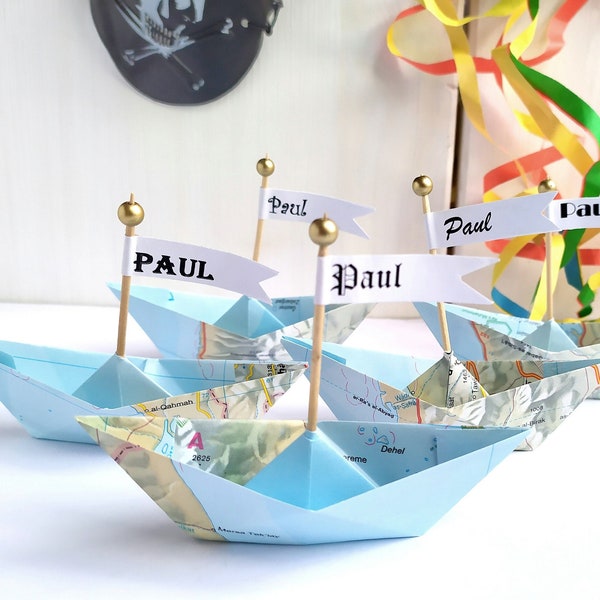 5 boats made from old maps, pirate birthday place cards, upcycled road map of holiday regions