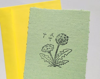 Dandelion Handmade Paper Card, Green Note Card with Yellow Envelope