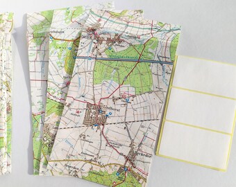 3 gift bags made from old maps, upcycled envelopes