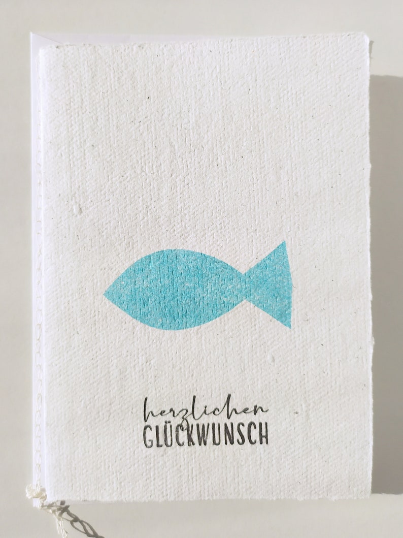 Kommunionkarte Büttenpapier blauer Fisch, Taufkarte Konfirmationskarte Junge Türkis