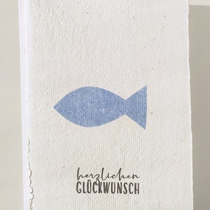 Kommunionkarte Büttenpapier blauer Fisch, Taufkarte Konfirmationskarte Junge Mittelblau