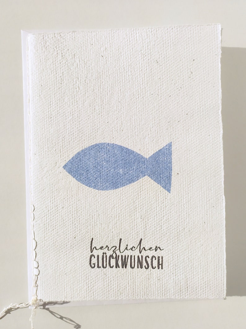 Kommunionkarte Büttenpapier blauer Fisch, Taufkarte Konfirmationskarte Junge Mittelblau