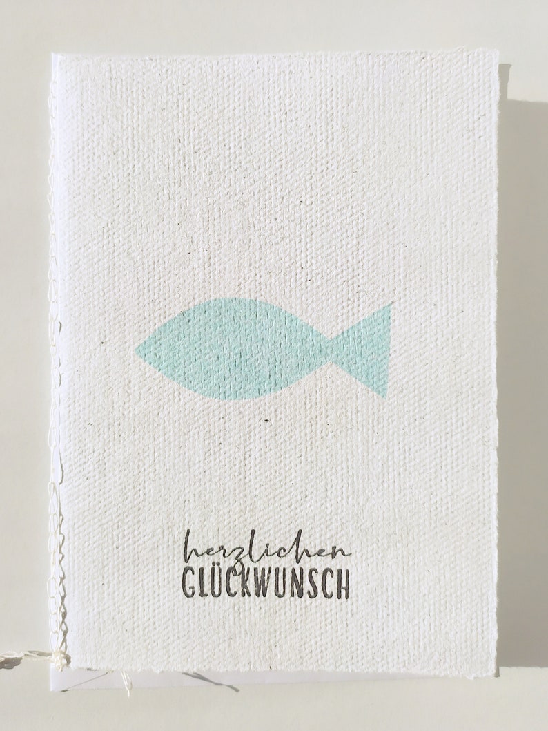 Kommunionkarte Büttenpapier blauer Fisch, Taufkarte Konfirmationskarte Junge Jade