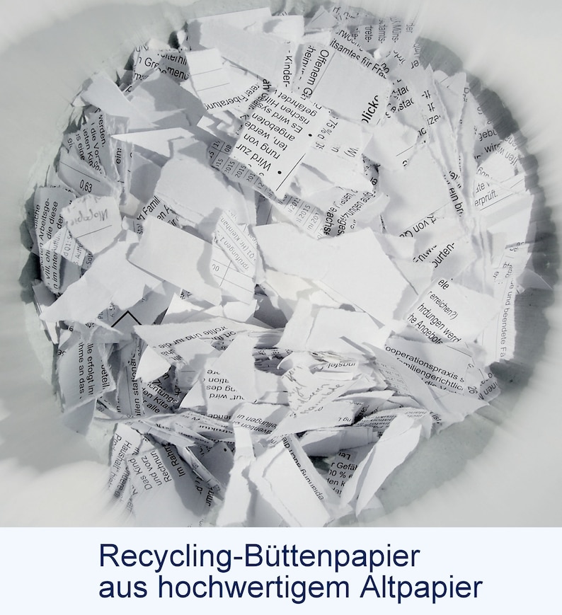 Schwarz-Weiß-Foto einer Schüssel mit Papierschnipseln. Unter dem Foto steht der Text: "Recycling-Büttenpapier aus hochwertigem Altpapier".