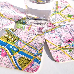 5 onderzetters Parijs 1975/76, kartonnen deksel met vintage stadskaart