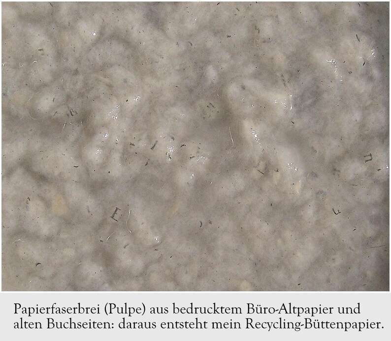 Nahaufnahme cremefarbener Pulpe aus alten Buchseiten, bei der man einzelne Buchstabenfragmente erkennt. Unter dem Foto der Text: "Papierfaserbrei (Pulpe) aus bedrucktem Büro-Altpapier und alten Buchseiten: daraus entsteht mein Recycling-Büttenpapier."
