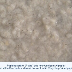 Nahaufnahme cremefarbener Pulpe aus alten Buchseiten, bei der man einzelne Buchstabenfragmente erkennt. Unter dem Foto der Text: "Papierfaserbrei (Pulpe) aus hochwertigem Altpapier und alten Buchseiten: daraus entsteht mein Recycling-Büttenpapier".