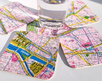 5 Untersetzer Paris 1975/76, Bierdeckel mit Vintage Stadtplan