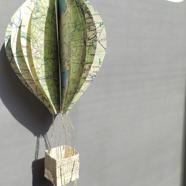 Hot air balloon made from old maps, paper decoration Montgolfiere for hanging