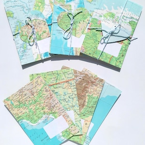 4 sacchetti regalo realizzati con vecchie mappe, atlante mondiale, sacchetti per semi riciclati, buste per soldi