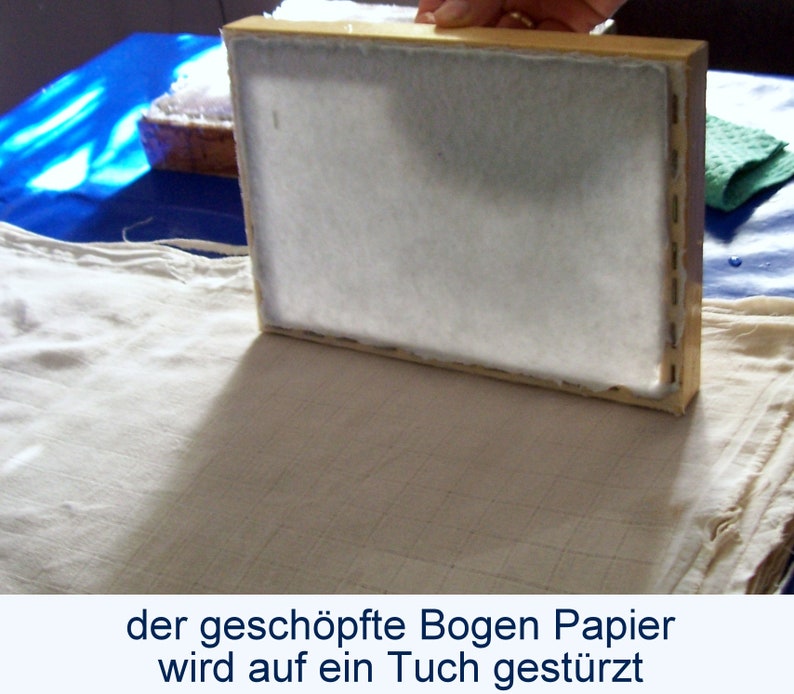 Eine Hand stellt einen Schöpfrahmen senkrecht auf ein Tuch, damit der darauf befindliche frisch geschöpfte Bogen Papier abgegautscht werden kann. Unter dem Foto steht der Text: "der geschöpfte Bogen Papier wird auf ein Tuch gestürzt".