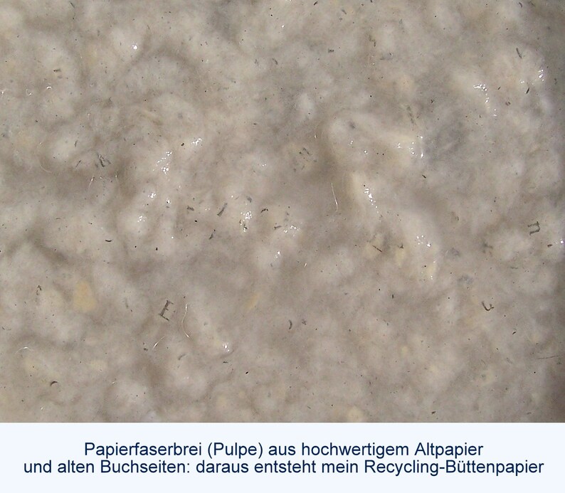 Nahaufnahme cremefarbener Pulpe aus alten Buchseiten, bei der man einzelne Buchstabenfragmente erkennt. Unter dem Foto der Text: "Papierfaserbrei (Pulpe) aus hochwertigem Altpapier und alten Buchseiten: daraus entsteht mein Recycling-Büttenpapier".