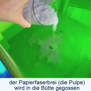 Eine Hand kippt aus einem Messbecher weißen Brei in eine mit Wasser gefüllte grüne Plastikwanne. Unter dem Foto steht der Text: "der Papierfaserbrei (die Pulpe) wird in die Bütte gegossen".